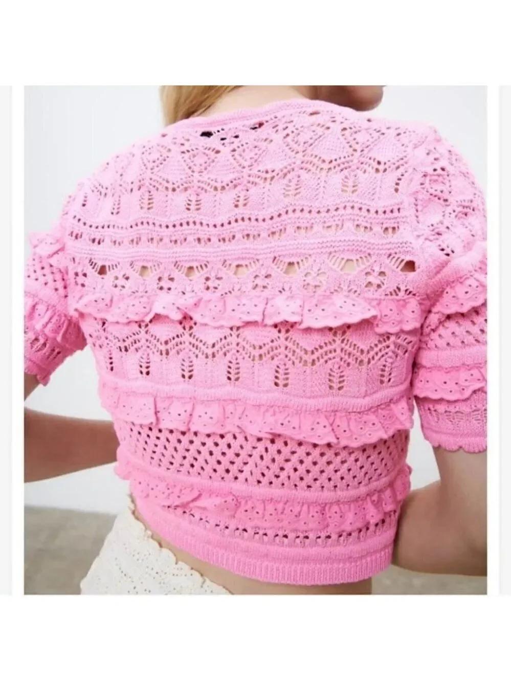 Zara | Short Sleeve Pink Lace Crochet Cardigan - Picture 10 of 11